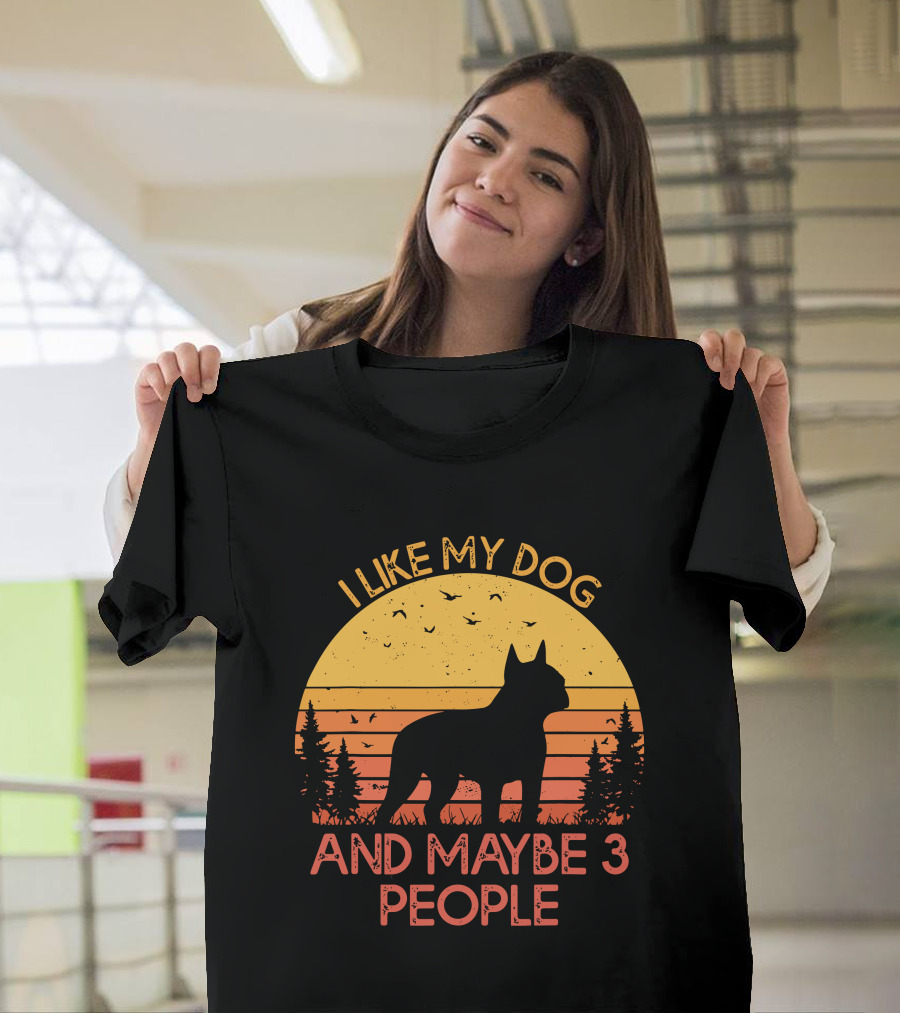 I Like My Dog And Maybe 3 People Sunset Silhouette with Trees and Birds T-Shirt