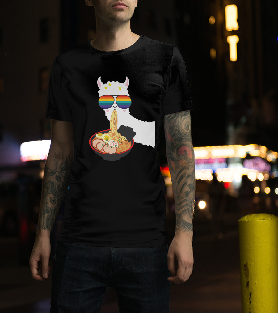 Rainbow Sunglasses LLama Eating Ramen Japanese Anime T-Shirt