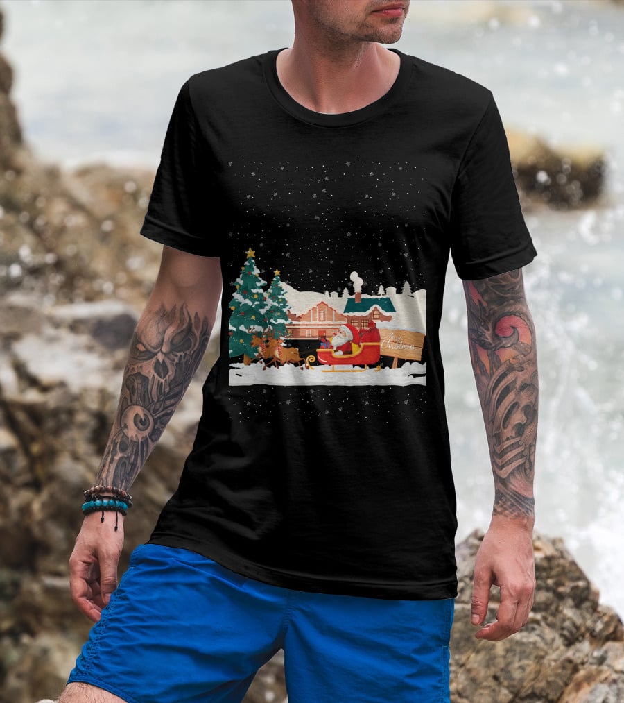 Merry Christmas Santa Claus Reindeer Sleigh Winter Scene T-Shirt