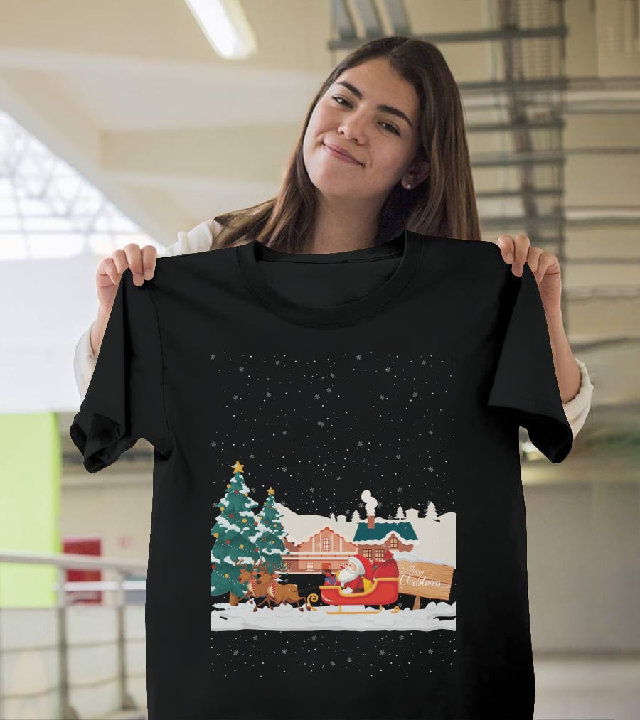 Merry Christmas Santa Claus Reindeer Sleigh Winter Scene T-Shirt