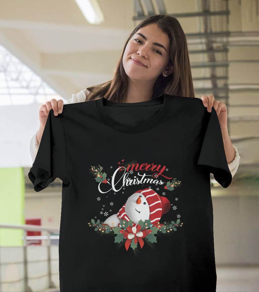 Merry Christmas Snowman with Holly and Snowflakes T-Shirt