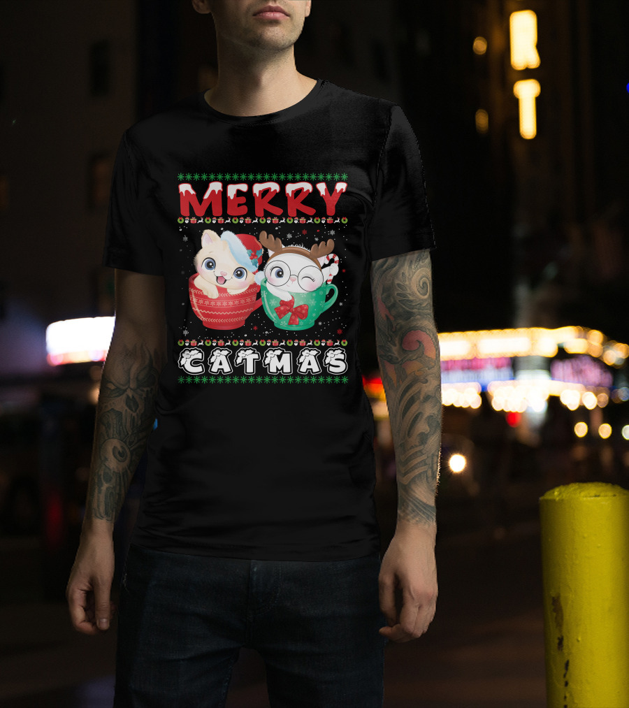 Merry Catmas With Festive Cats In Holiday Mugs T-Shirt