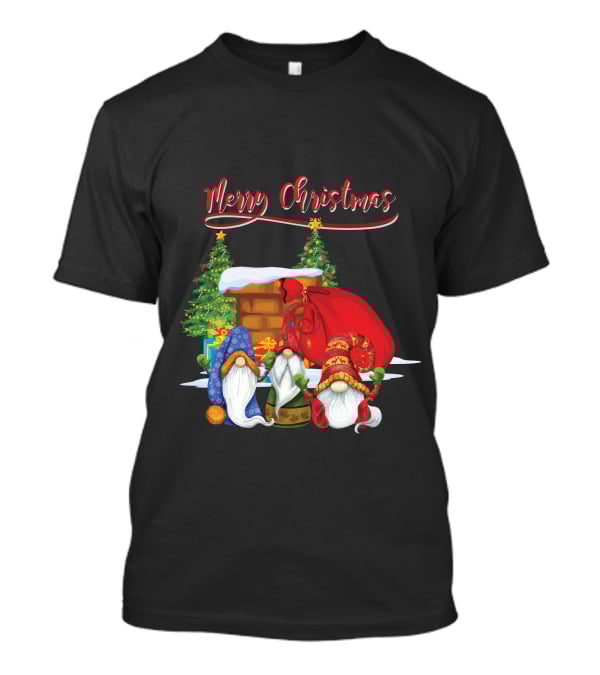 Merry Christmas Funny Gnomes With Santa's Sack And Festive Trees T-Shirt