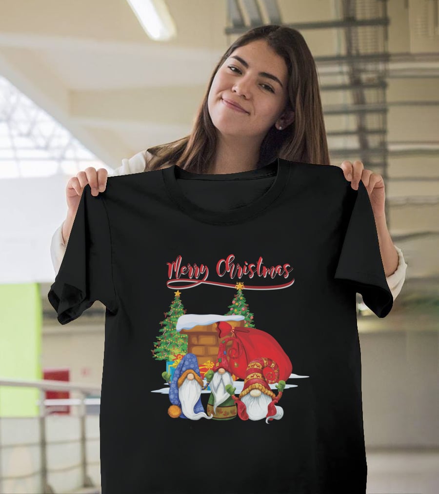 Merry Christmas Funny Gnomes With Santa's Sack And Festive Trees T-Shirt