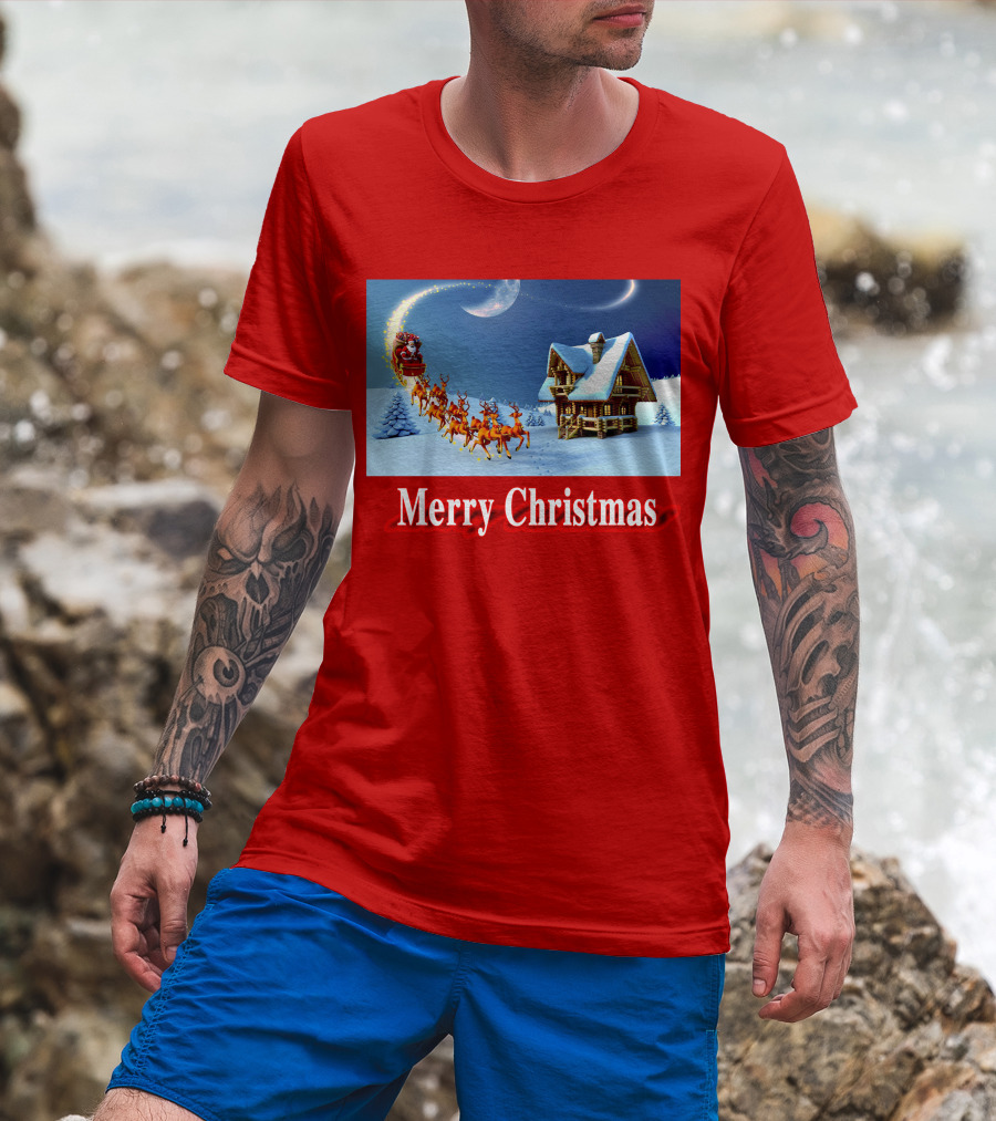 Merry Christmas Santa Sleigh Flying Over Snowy Cabin Scene T-Shirt