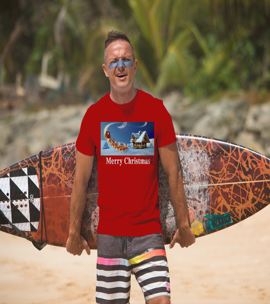 Merry Christmas Santa Sleigh Flying Over Snowy Cabin Scene T-Shirt