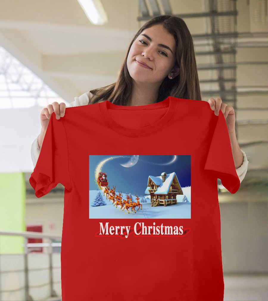 Merry Christmas Santa Sleigh Flying Over Snowy Cabin Scene T-Shirt