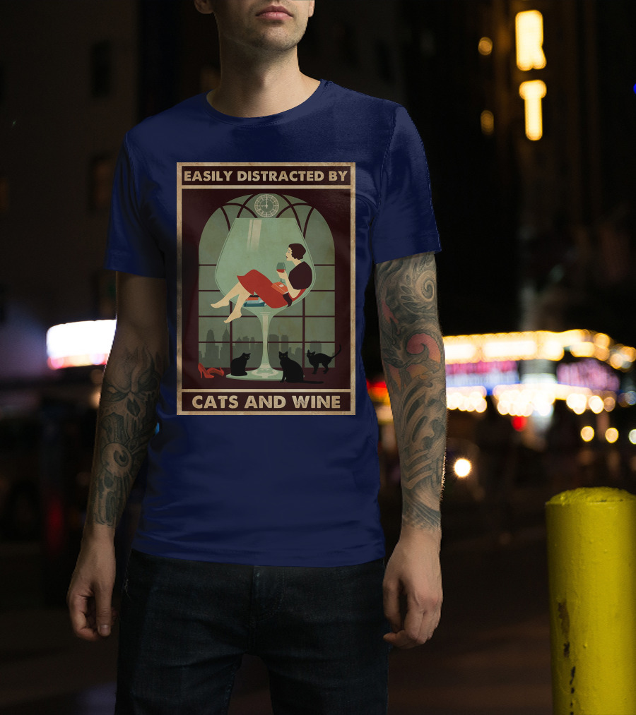 Easily Distracted By Cats And Wine Art Deco Woman In Glass With City Skyline And Cats T-Shirt