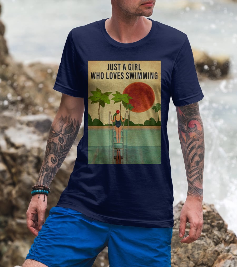 Just A Girl Who Loves Swimming With Palm Trees And Red Sun T-Shirt