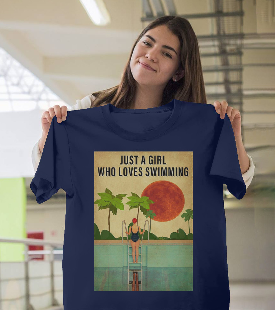 Just A Girl Who Loves Swimming With Palm Trees And Red Sun T-Shirt