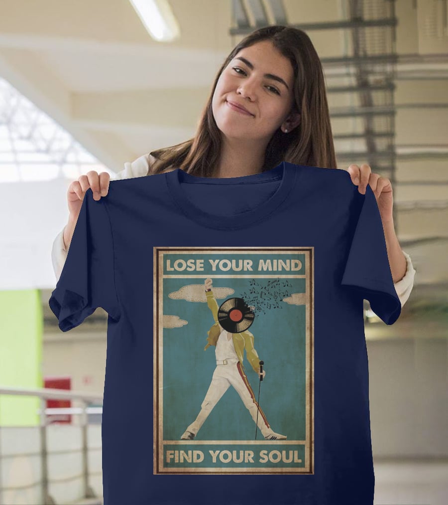 Freddie Mercury Lose Your Mind Find Your Soul Vintage Vinyl Record Head And Microphone T-Shirt