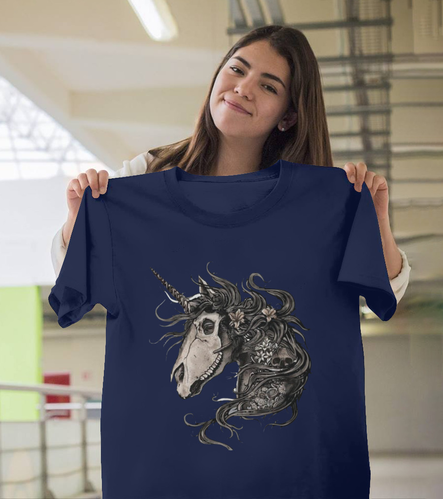 Floral Skull Unicorn Head with Flowers and Dark Mane T-Shirt
