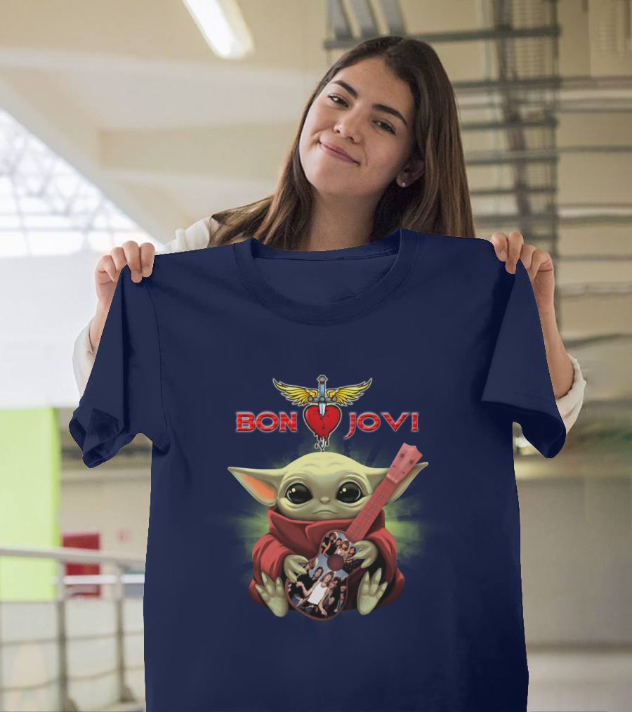 Baby Yoda Holding Guitar With Bon Jovi Heart Dagger T-Shirt