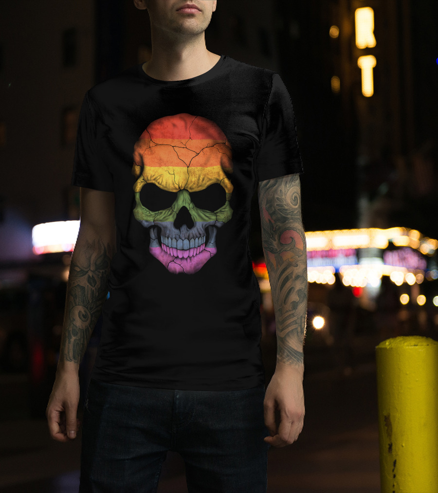 Gay Pride Rainbow Flag Skull Cracked Texture T-Shirt