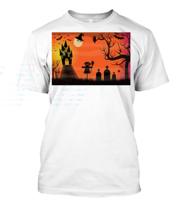 Halloween Haunted Castle Silhouette With Bats And Graveyard Scene T-Shirt
