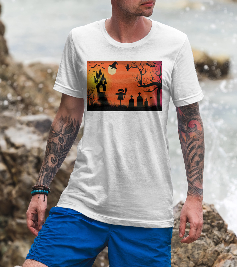 Halloween Haunted Castle Silhouette With Bats And Graveyard Scene T-Shirt
