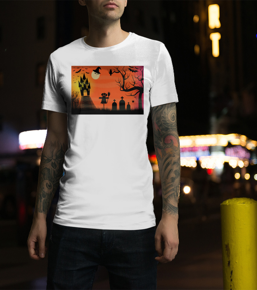 Halloween Haunted Castle Silhouette With Bats And Graveyard Scene T-Shirt