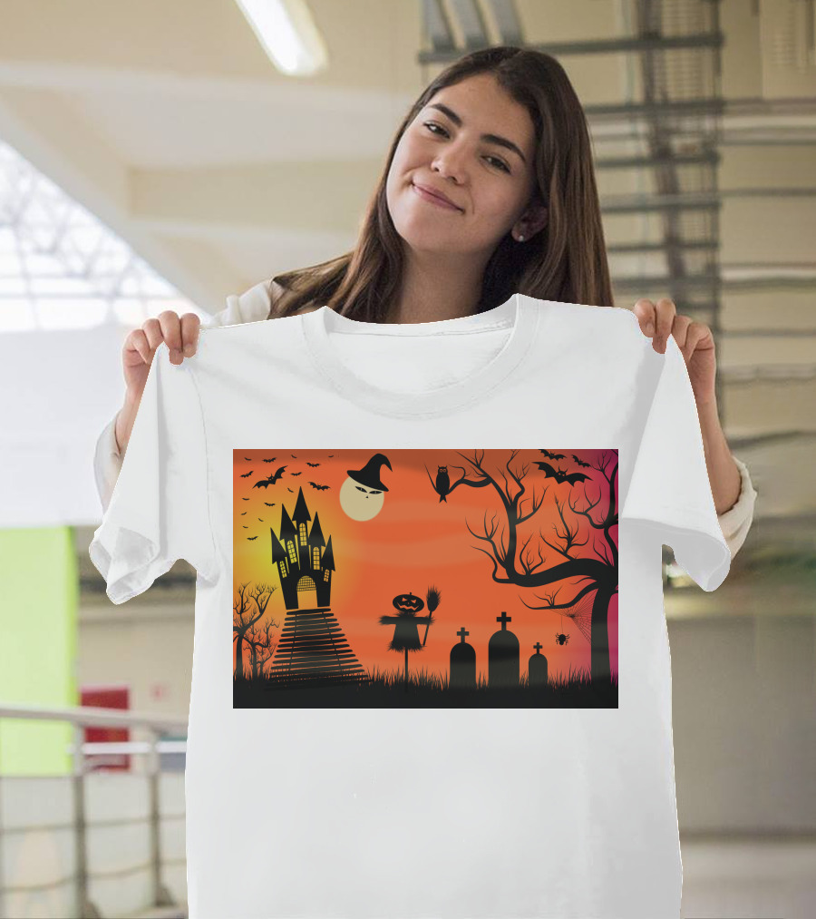 Halloween Haunted Castle Silhouette With Bats And Graveyard Scene T-Shirt