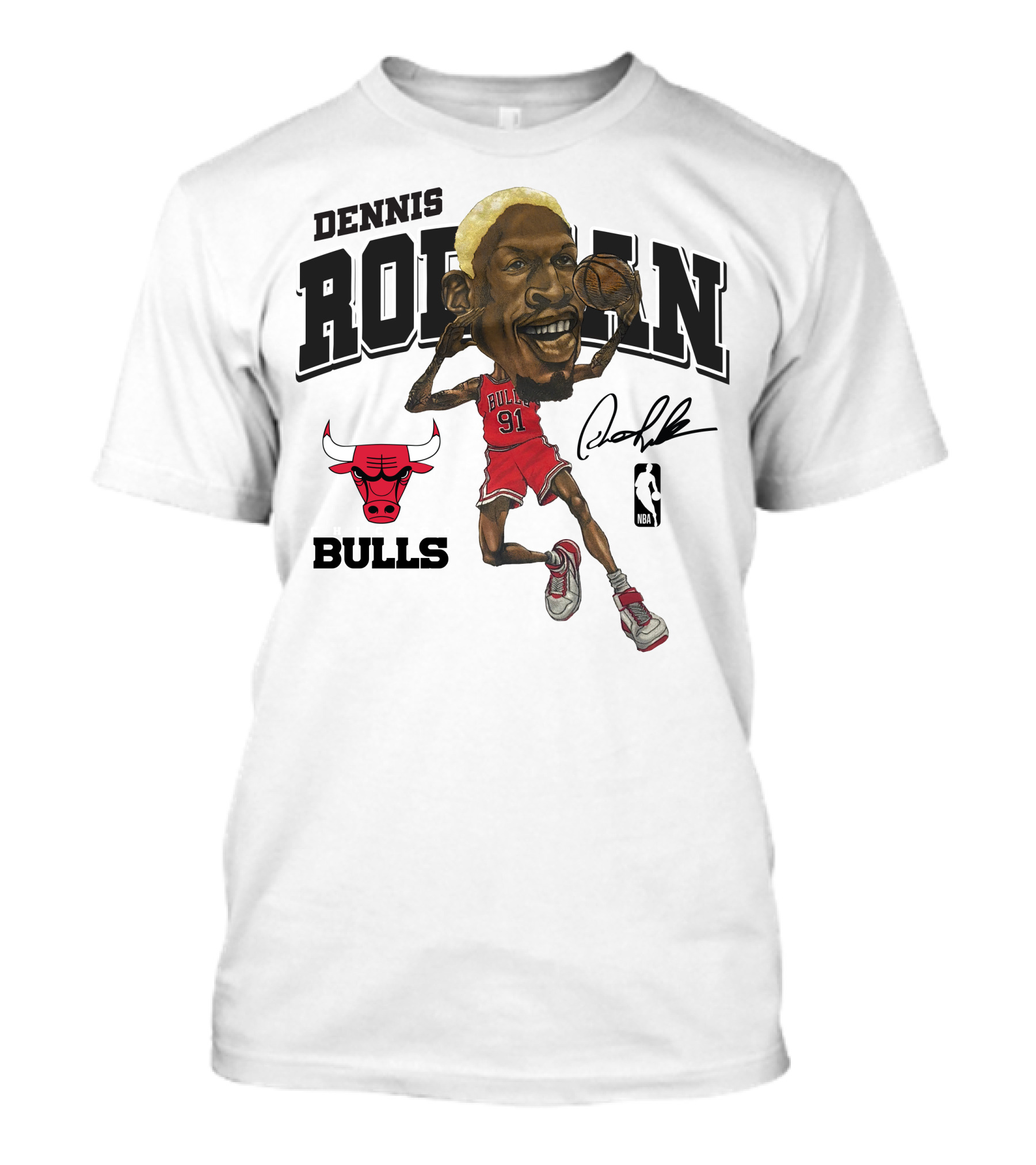 Dennis Rodman 91 Chicago Bulls NBA Caricature Signature Mitchell And Ness T-Shirt