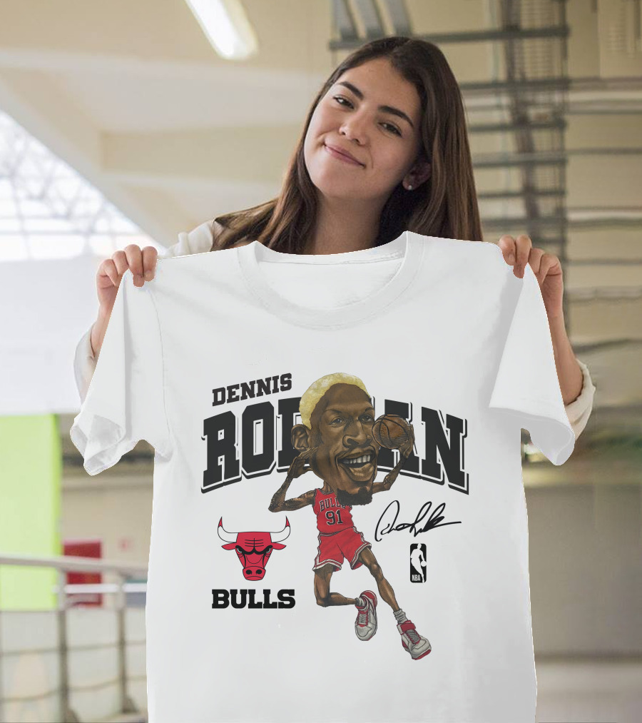 Dennis Rodman 91 Chicago Bulls NBA Caricature Signature Mitchell And Ness T-Shirt