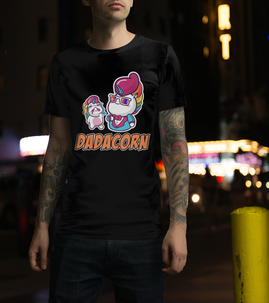 Dadacorn Unicorn Dad And Baby With Rainbow Outfits And Sunglasses T-Shirt