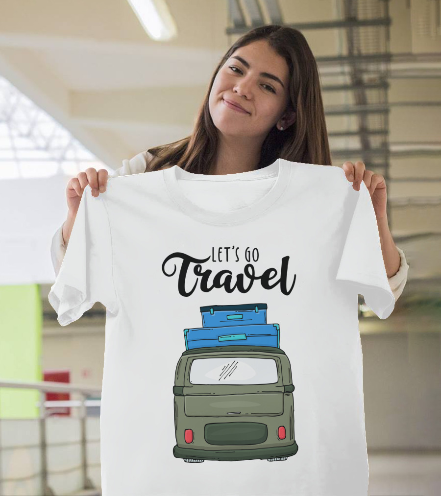 Let's Go Travel With Retro Van And Luggage Stack T-Shirt