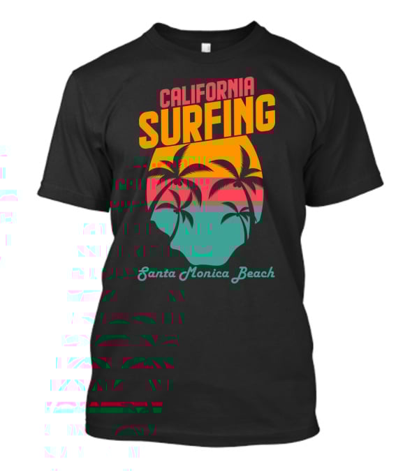 California Surfing Santa Monica Beach Sunset Palm Trees T-Shirt