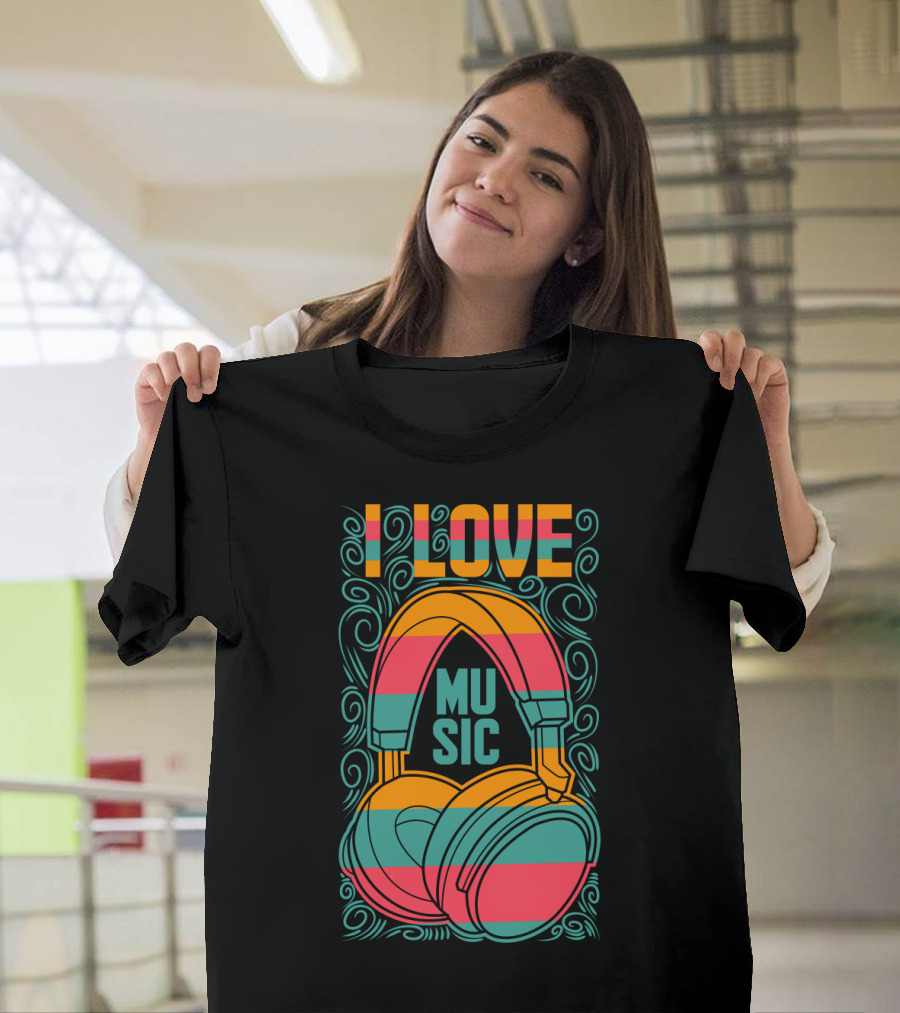 I Love Music Vibrant Headphones Pattern With Swirling Design Elements T-Shirt
