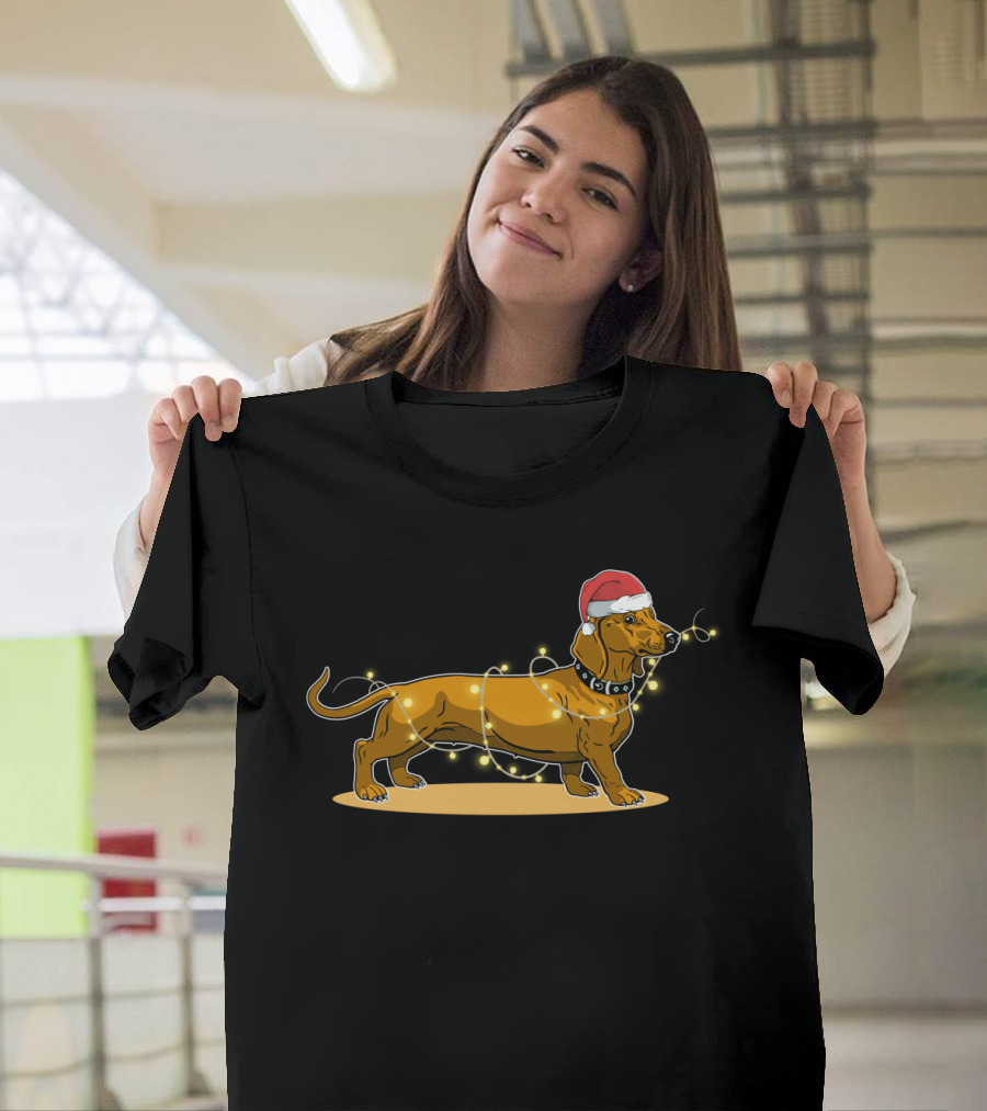 Dachshund Wrapped in Christmas Lights Wearing Santa Hat T-Shirt