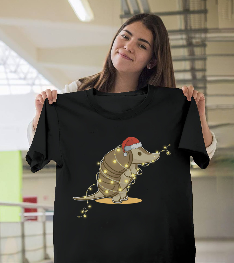 Santa Hat Armadillo Wrapped in Holiday String Lights T-Shirt