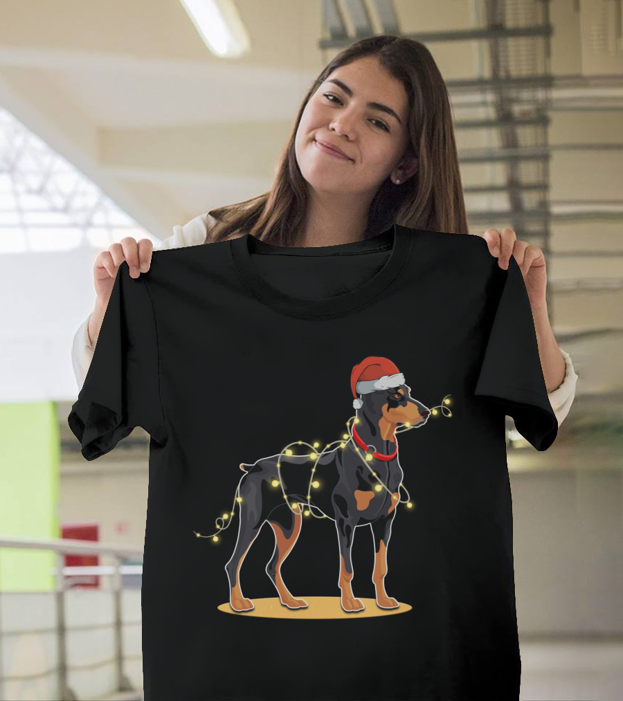 Doberman Wearing Santa Hat with Christmas Lights T-Shirt