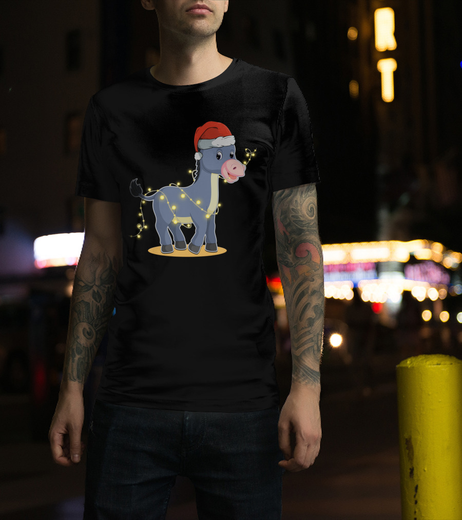 Christmas Lights Donkey With Santa Hat Holiday T-Shirt