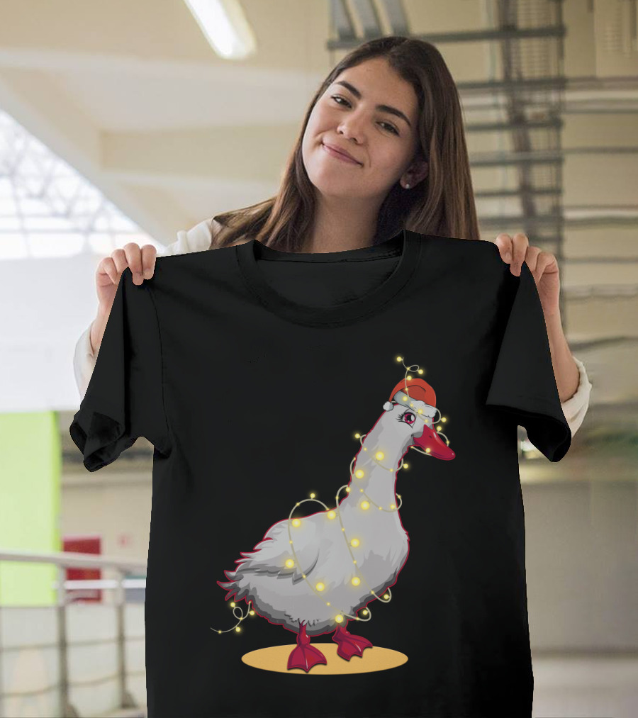 Christmas Lights Duck Wrapped In Festive String With Santa Hat T-Shirt