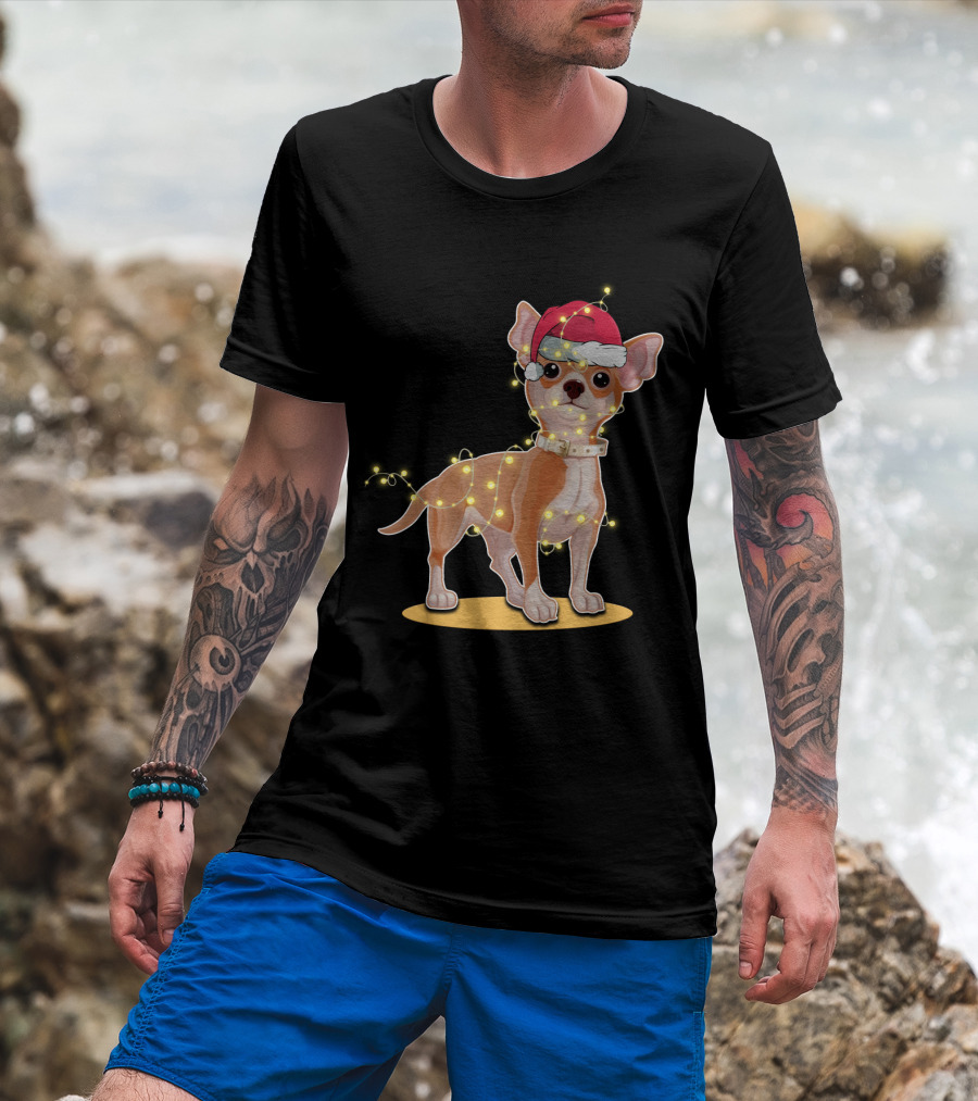 Chihuahua Wrapped In Festive Christmas Lights Wearing Santa Hat T-Shirt