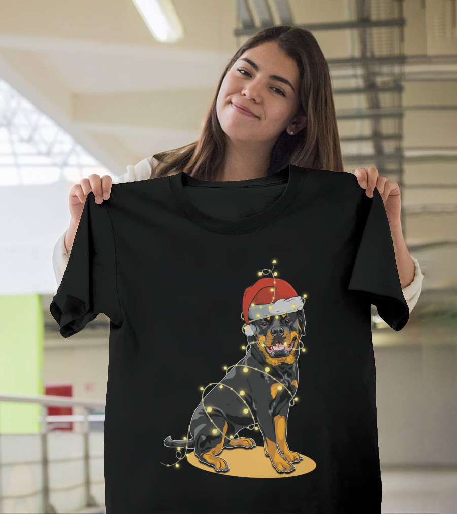 Rottweiler Wrapped in Christmas Lights with Santa Hat T-Shirt