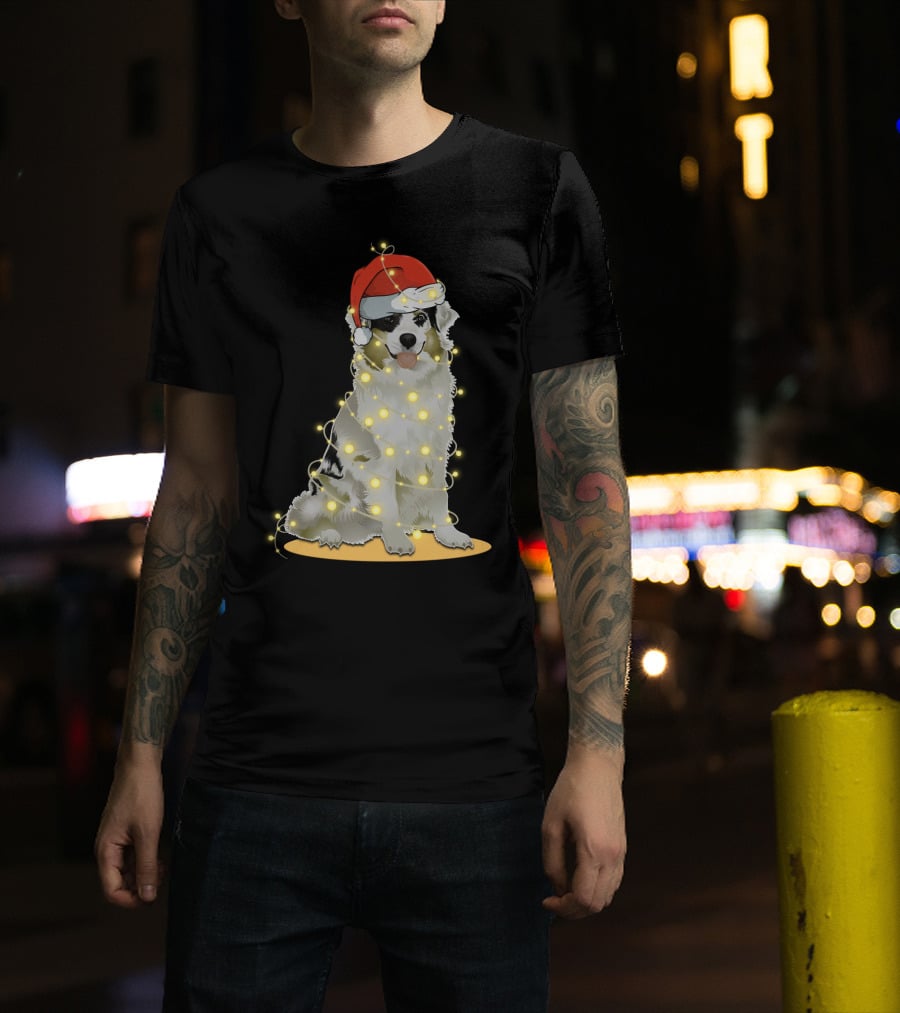 Santa Hat Australian Shepherd Wrapped In Christmas Lights T-Shirt