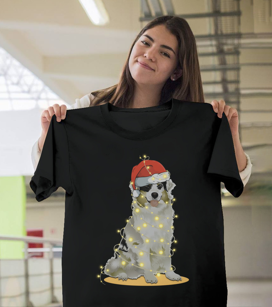Santa Hat Australian Shepherd Wrapped in Christmas Lights T-Shirt