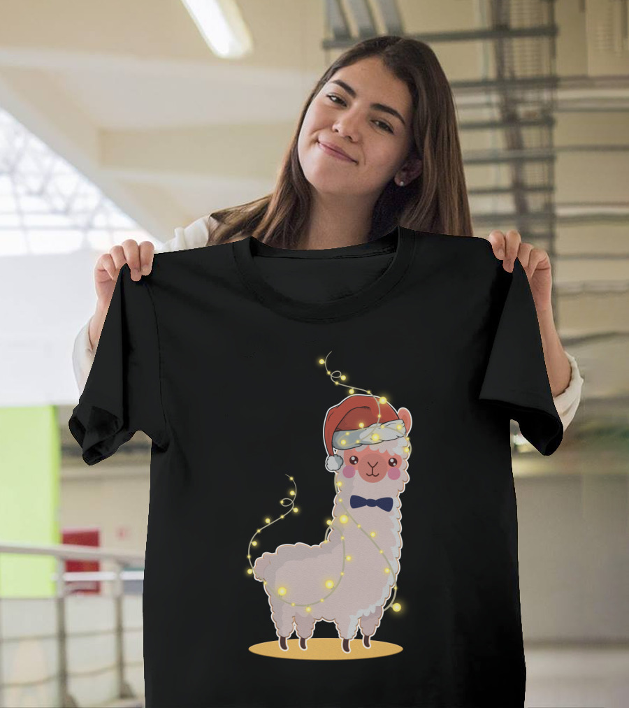 Alpaca Wrapped In Christmas Lights Wearing Santa Hat And Bow Tie T-Shirt