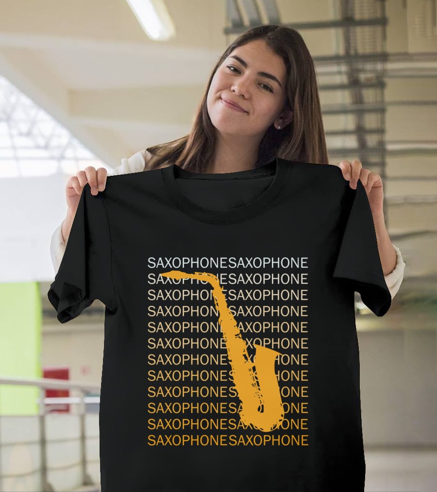 Saxophone Repeated Pattern With Bold Orange Saxophone Highlight T-Shirt