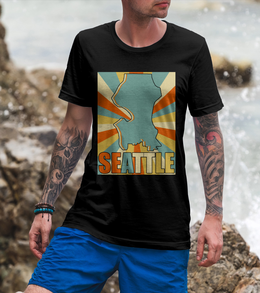 SEATTLE Map Retro Style Burst Background T-Shirt