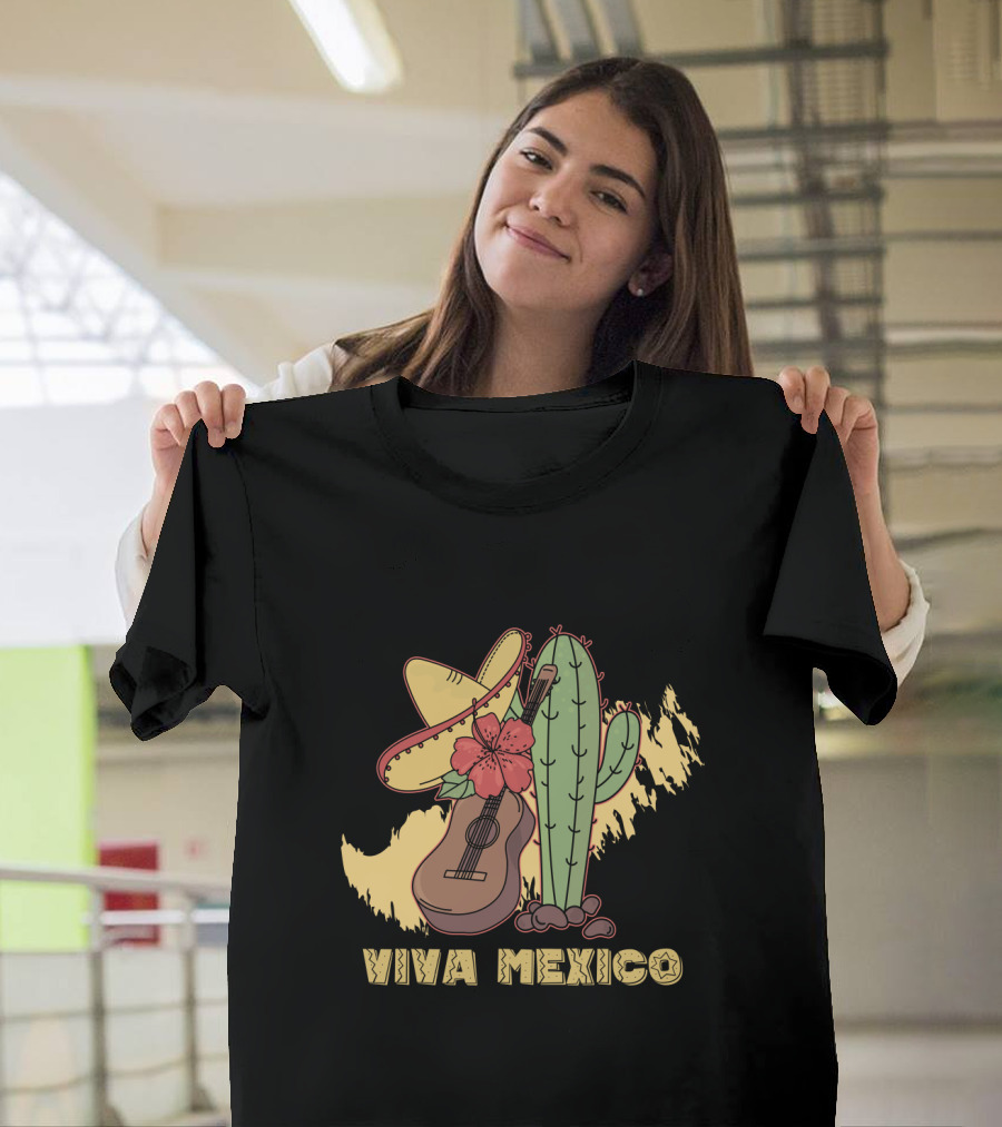 Viva Mexico Sombrero Guitar Cactus Flower T-Shirt