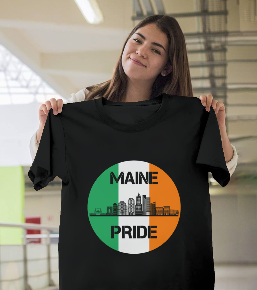 Maine Pride City Skyline With Irish Flag Colors Maine T-Shirt