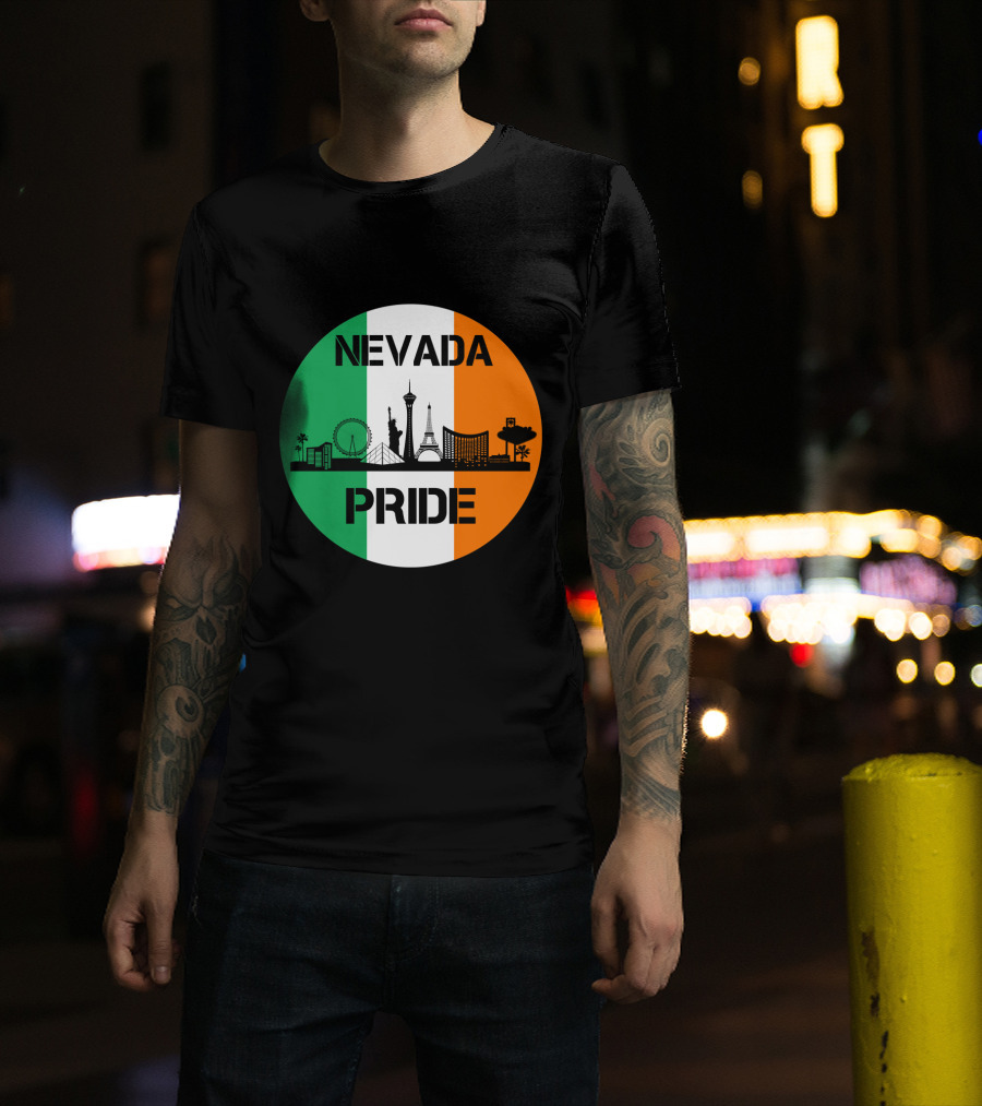 Nevada Pride Skyline With Irish Flag Colors And Iconic Landmarks T-Shirt