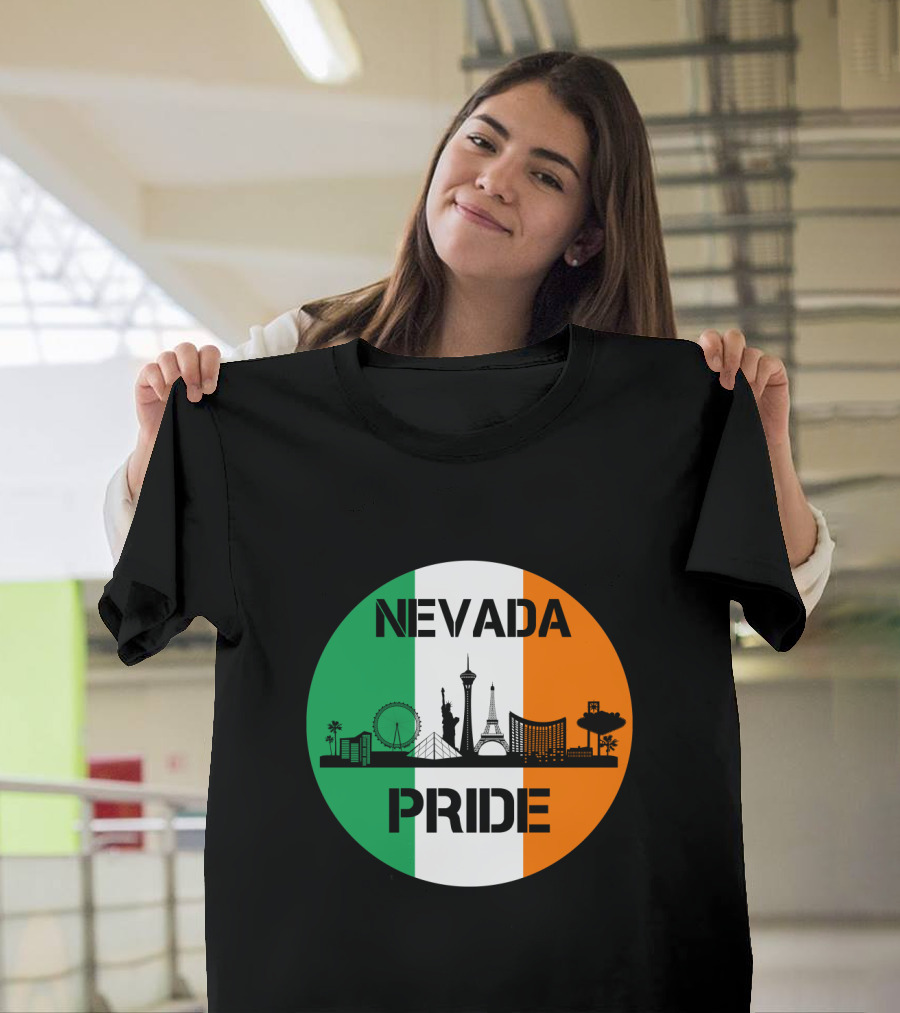 Nevada Pride Skyline With Irish Flag Colors And Iconic Landmarks T-Shirt