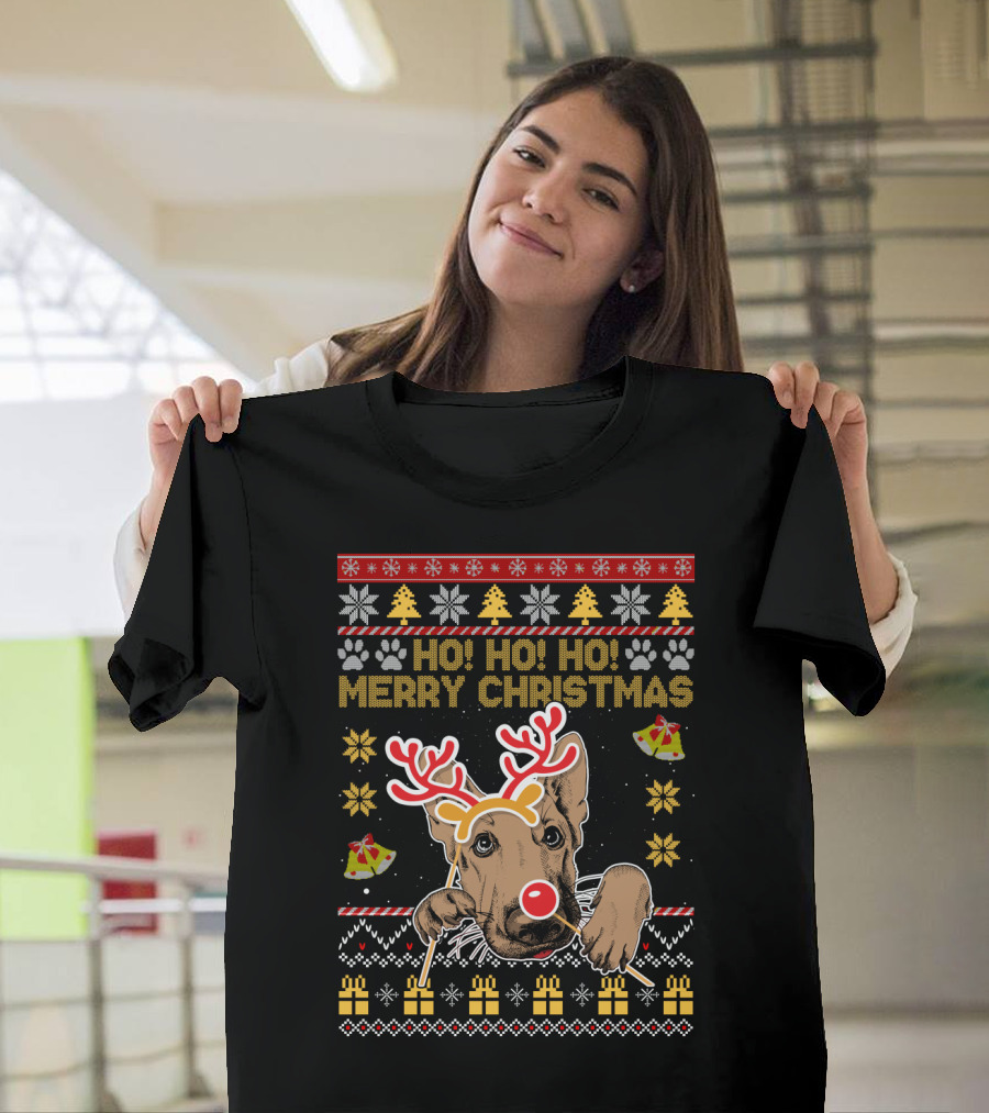 HO HO HO Merry Christmas German Shepherd Reindeer Antlers Ugly Sweater Style Holiday Bells Presents Snowflakes T-Shirt