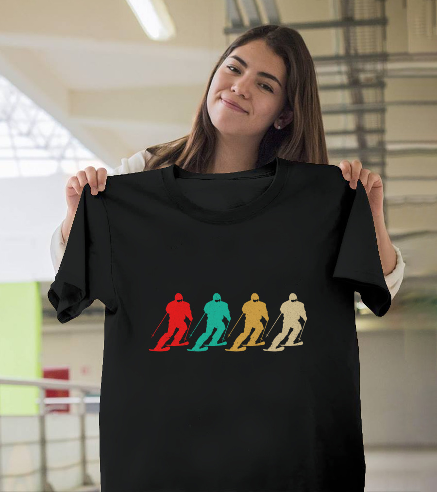 Vintage Skiing Retro Skier Silhouettes Multicolor T-Shirt