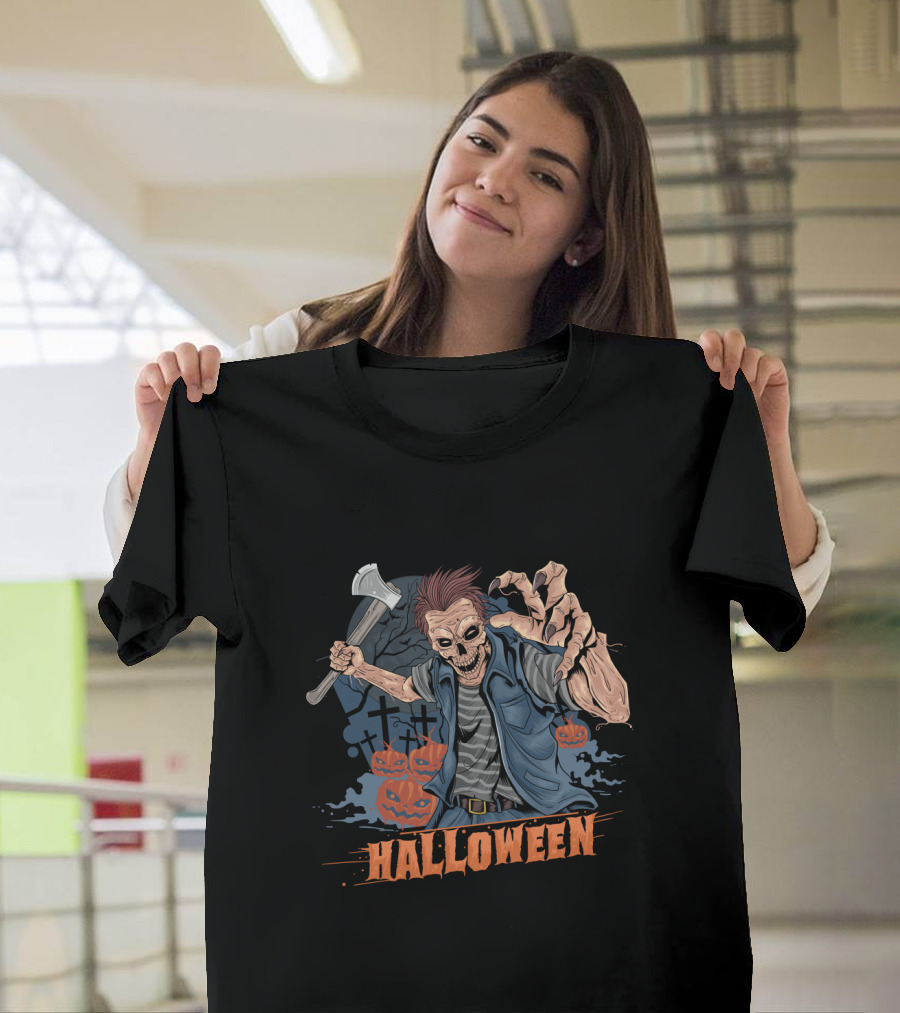 Halloween Funny Zombie with Axe and Pumpkins T-Shirt