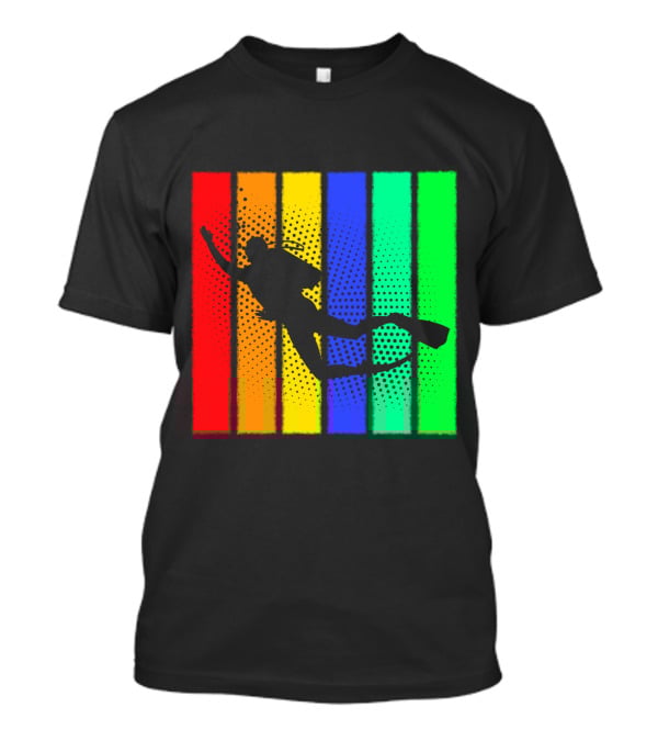 Retro Snorkeling Diver Silhouette Rainbow Stripes T-Shirt