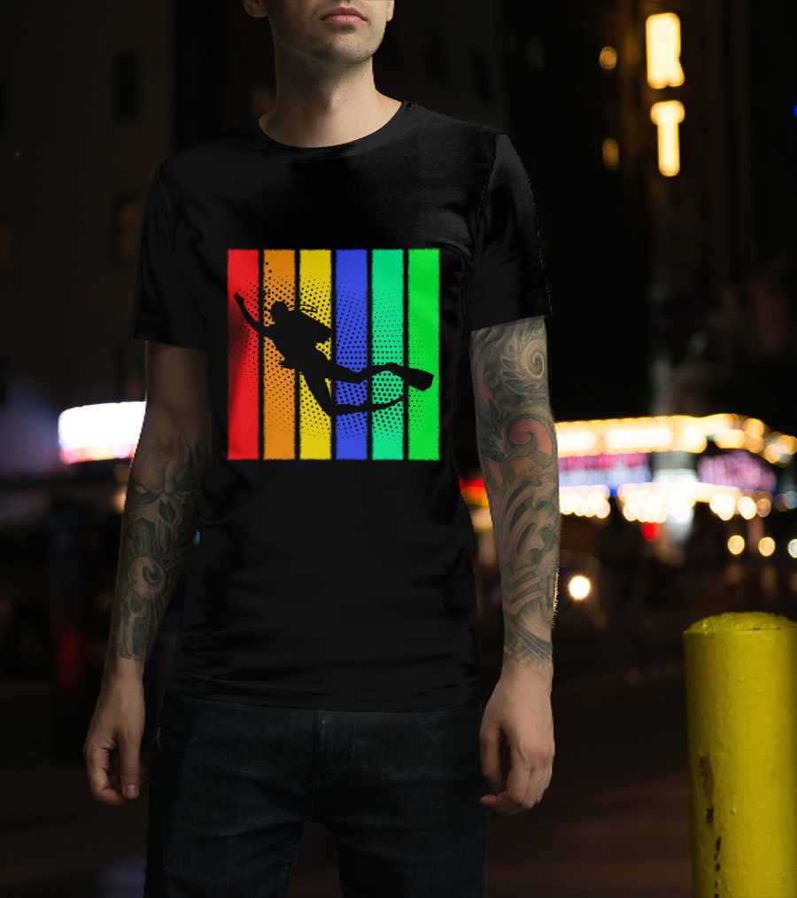 Retro Snorkeling Diver Silhouette Rainbow Stripes T-Shirt