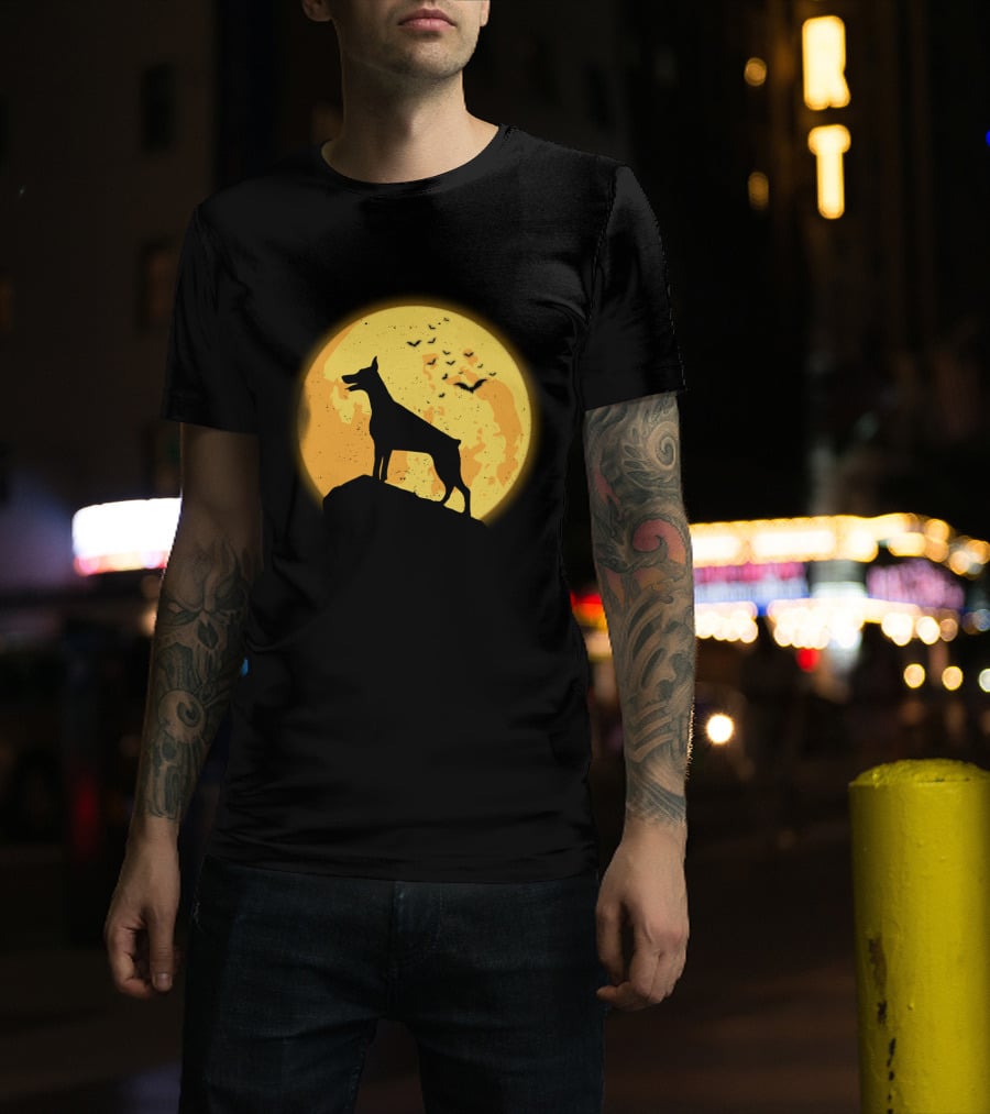 DOBERMAN Dog Silhouette Against Orange Moon Night Scene T-Shirt